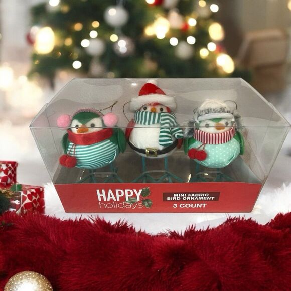 Happy Holidays Mini Fabric Bird Ornaments 3 Pack Winter Christmas Santa Walgreen - Picture 1 of 10